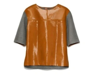 MARNI FOR H&M BROWN PATENT LEATHER COTTON KNIT TEE TOP UK 10 US 6 SMALL BNWT - Picture 1 of 12
