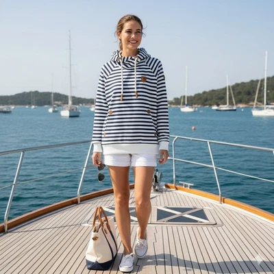 Sudadera con Capucha Wanakome Artemis Azul Marino a Rayas XXL 2X Costera Preppy Capucha Náutica Cuello Nueva Foto 1 de 4