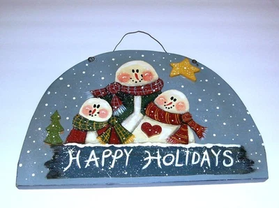 Letrero de pared/puerta de madera pintado a mano "Felices Fiestas" muñecos de nieve vintage 14 x 9 x 3/4 Foto 1 de 2