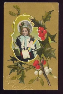 Girl with Packages Mistletoe Holly CHRISTMAS Vintage Postcard - Picture 1 of 1