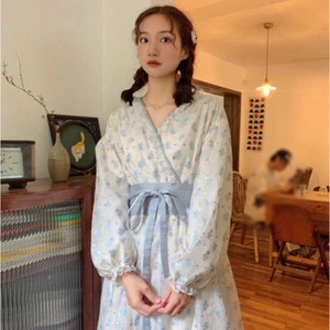 Women Japanese Kimono Dress Floral Printed Puff Sleeve Maxi V Neck Lolita - Picture 1 of 12