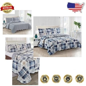 Dazzling Blue Plaid & Stripe Quilt Set - Comfortable & Stylish King Bedding - Picture 1 of 10
