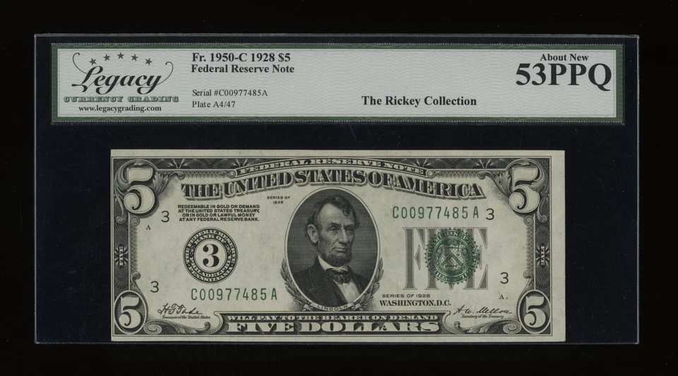 DBR 1928 $5 FRN Philadelphia Numeral Fr. 1950-C Legacy 53 PPQ Serial C00977485A - Image 1 of 2