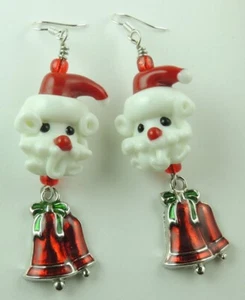 CHRISTMAS Santa Lampwork Earrings with Red Bells Handmade - Picture 1 of 1