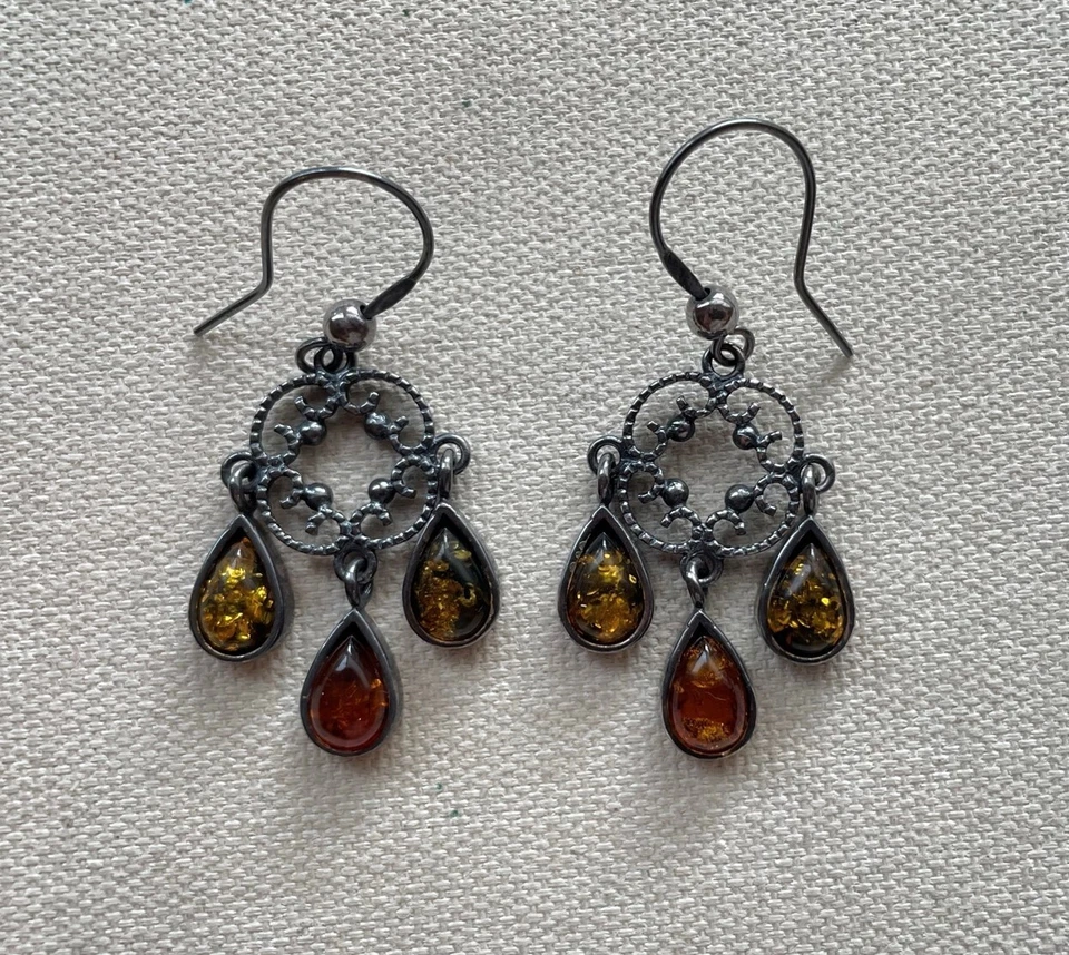 Gunmetal Chandelier Earrings Sterling Caviar Cable Dangle Steampunk Gothic 2" - Image 1 of 4