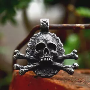 Men's Pirate Skull Crossbones Pendant Necklace Punk Rock Jewelry Stainless Steel - Picture 1 of 3