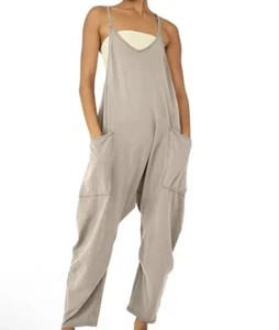 Womens XL Oversized Romper Sleeveless Jumpsuits Spaghetti Strap Wide Leg Tan - Picture 1 of 6