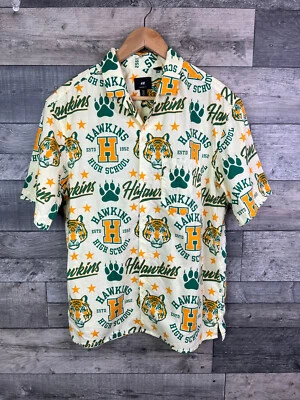 H&M Stranger Things Mens Shirt Size Small Yellow Hawkins Varsity Print Button Up - Image 1 of 4