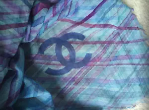 CHANEL diaphanous scarf pareo wrap blue pink large VIP cotton cashmere CC logos - Picture 1 of 11
