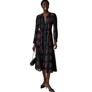 J. Crew Tie-neck dress in Stewart tartan viscose chiffon Black Red Tartan NWT - Picture 1 of 14