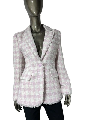 Chaqueta de tweed pata de gallo Steve Madden Harlow para mujer S rosa dobladillo crudo ajustada Foto 1 de 4
