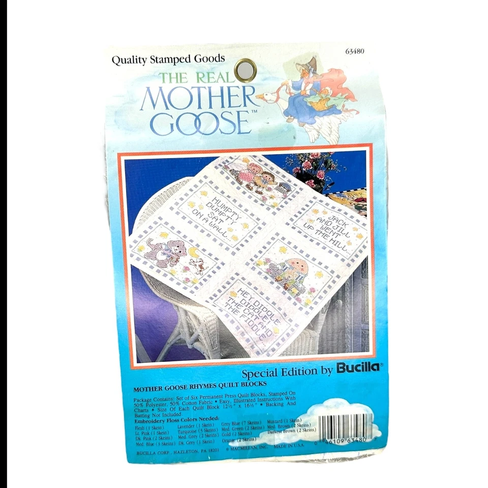 Bucilla Mother Goose Rhymes Quilt Blocks Stamped Cross Stitch Kit 63480