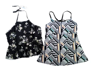 NEW Lot of 2 Womens XL Tankini Swimsuit Tops Black White Floral Halter Top - Picture 1 of 9