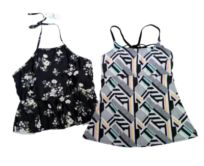 NEW Lot of 2 Womens XL Tankini Swimsuit Tops Black White Floral Halter Top - Image 1 of 4