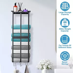 Metal Towel Rack Towel Storage Holder with Hooks Wall Mounted Bathroom Organizer - Picture 1 of 13
