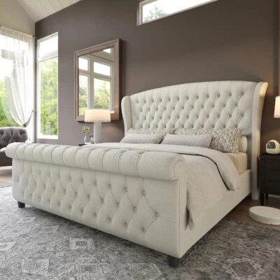 Tulip wingback Sleigh Bed frame with ottoman gas lift storage - Image 1 of 2