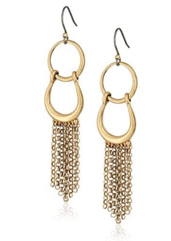 Lucky BRAND Hoop Link Earrings With Fringe Goldstone Dangles Uk13
