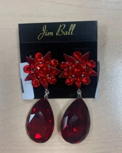 Jim Ball Red Crystal Pageant Prom Gala Earrings 2 1/4 inch! NEW! - Picture 1 of 1