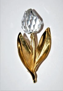 Spilla Grande A Forma Di Tulipano In Cristallo Trasparente SWAROVSKI Color Oro - Foto 1 di 4