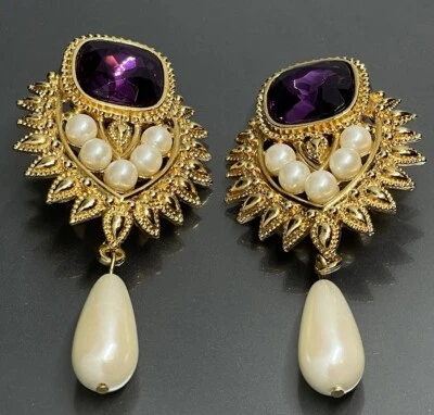 Shaill Jhaveri For Avon Womens Clip Earrings Long Purple Crystal Faux Pearl 2.5” - Image 1 of 4