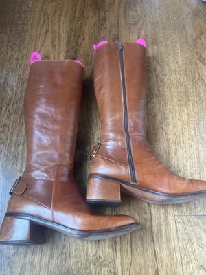 复古 Di Fabrizio LA 棕色皮革拉链靴女式 8 膝方跟 — 第 1/4 张图片