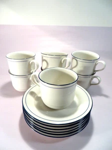 Lenox ChinaStone 'Blue Pinstripes' Teacup & Saucer Set - 7 Teacups & 6 Saucers - Picture 1 of 9