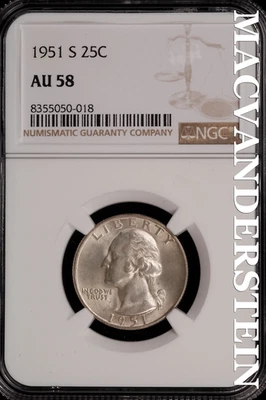 Cuarto de baño 1951-S - NGC AU 58 - escaso sin precio base #SLJ214 Foto 1 de 2