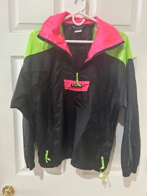 VTG Columbia Sportswear Women's Black Neon Colorblock Nylon Pullover Jacket-L - Image 1 of 4