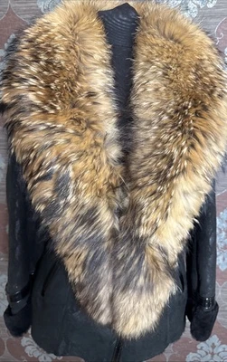 Chaqueta de piel de cordero genuina de piel de oveja, negra, ribete de piel real, S Foto 1 de 4