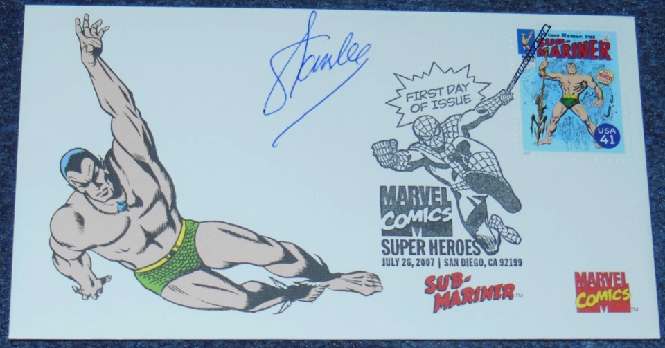 SELLO DEL PRIMER DÍA DE EMISIÓN DE MARVEL COMICS~FIRMADO STAN LEE~SUB-MARINER #1~2007~CERTIFICADO DE AUTENTICIDAD Foto 1 de 4