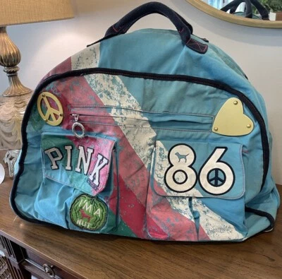 Vintage Victoria's Secret  86 PEACE LOVE PINK Rolling Duffle Bag Tote Luggage - Image 1 of 4