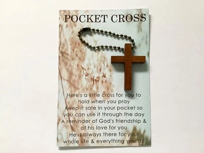 CROSS CHRISTIAN WOOD CRUCIFIX BRONZE BALL CHAIN RELIGIOUS PRAYER CARD POCKET HUG - image 1 of 3
