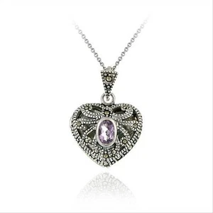 925 Silver Amethyst & Marcasite Heart Locket Necklace, 18" - Picture 1 of 1