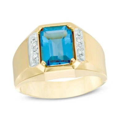 Natural Blue Topaz Gemstone with 14K Gold Plated Silver Men's Ring #360 - Image 1 of 4