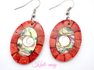 Abalone Mother of Pearl Shiva Shell Earrings crafts with Red Coral - Picture 1 of 6