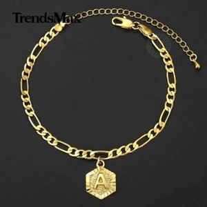 5mm Gold Plated Figaro Chain Initial Charm Anklet Bracelet Stainless Steel Ankle - Picture 1 of 31