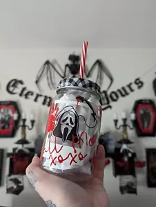 Ghostface-Call Me- Mason Jar Cup With Lid And Straw - Picture 1 of 4