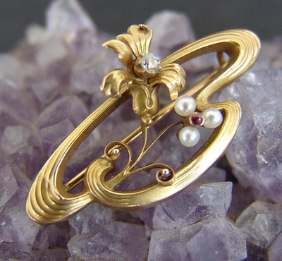 RARE ORIGINAL 585 GOLD JUGENDSTILBROSCHE - Bild 1 von 4