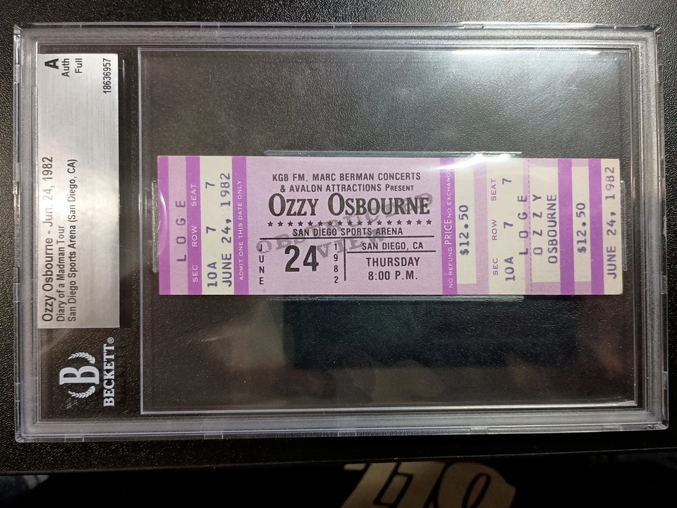 Ozzy Osbourne San Diego 24 de junio 1982 Diario Madman Purple Tour Boleto Beckett BAS Foto 1 de 4