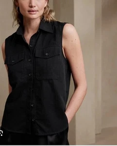 BANANA REPUBLIC Double Pocket Sleeveless Shirt-Black- NWT Women Medium - Picture 1 of 6