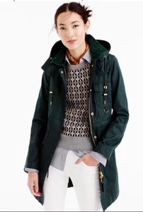 J.CREW Downtown Field Jacket Green Wax Coated Long XS Barn Hooded F4497 Heritage - Picture 1 of 12
