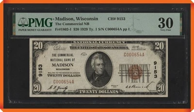 KC- Fr.1802-1 1929 $20 NB of Madison , WI #9153 - VF 30 PMG - Image 1 of 3