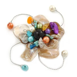 Handmade Antique White Shell, Beaded Wire Flower Brooch In Silver Tone - 45mm - Picture 1 of 5