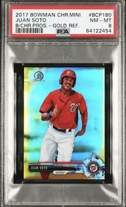 2017 Bowman Chrome Juan Soto BCP180 Mini Prospects Gold Refractor #/50 PSA 8 RC