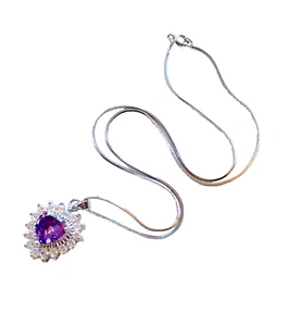 18ct White Gold Plated Crystal Heart Pendant Necklace - Purple & Clear - Sparkly - Picture 1 of 4