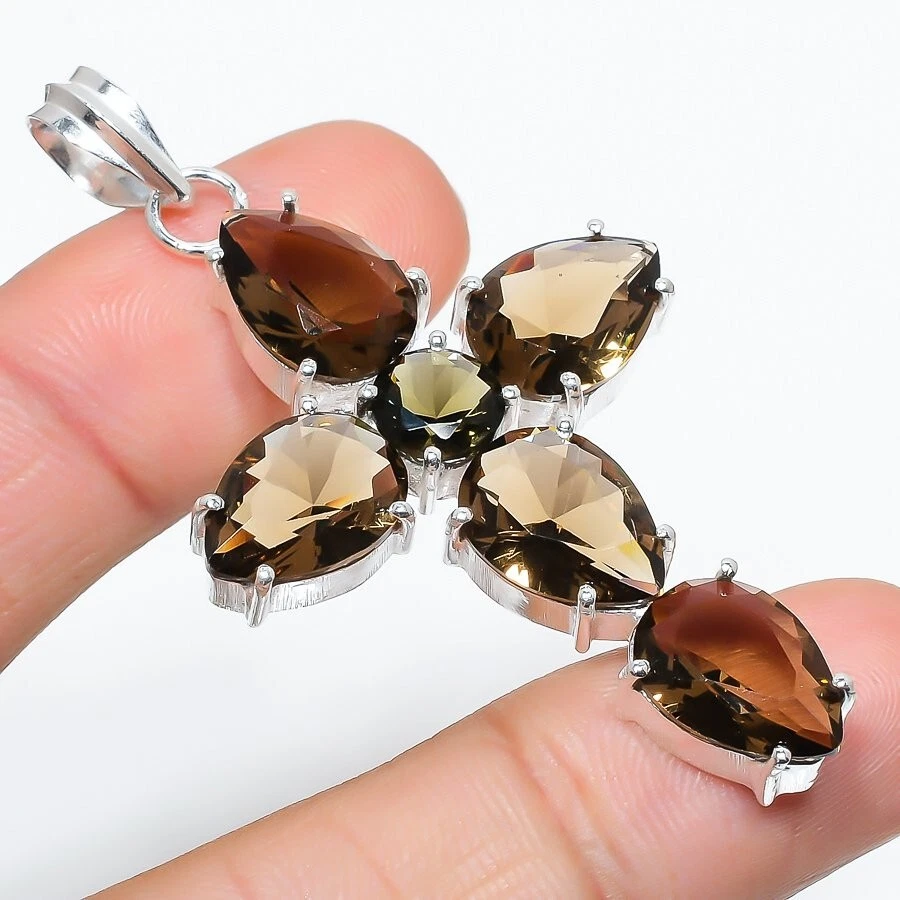 Smoky Quartz Gemstone Handmade 925 Sterling Silver Jewelry Pendant Size 2.5" - Image 1 of 1