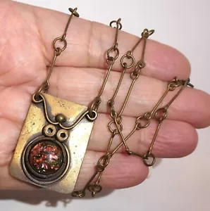 Artisan Studio Modernist Brass Link Chain Geometric Pendant OWL Beetle Handcraft - Picture 1 of 13