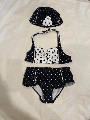 Traje de baño Janie & Jack talla 8 costero blanco y negro a lunares de dos piezas con gorra Foto 1 de 4