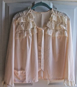 Stella Fagin Pink Nylon w/Lace Bed Jacket Long Sleeve Pocket Grandma Core FLAWS - Picture 1 of 6