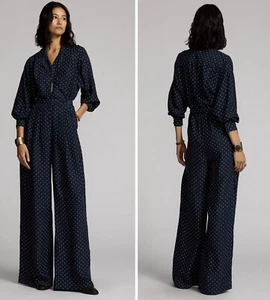 RRL Ralph Lauren $995 Polka-Dot Silk Crepe Jumpsuit in Dark Navy 4 - Picture 1 of 9